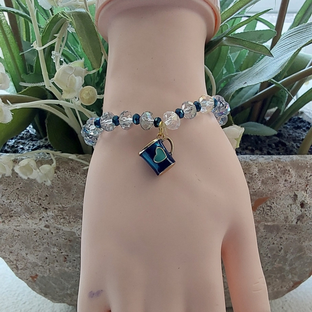 Blue and Silver Beaded Bracelet with Charm - Picture 2 of 6